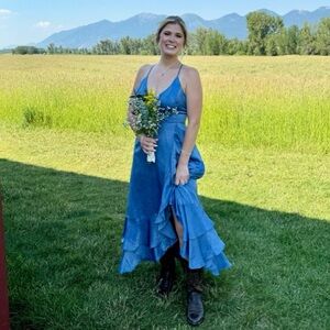 Lulu's Satin Maxi Dress in Slate Blue